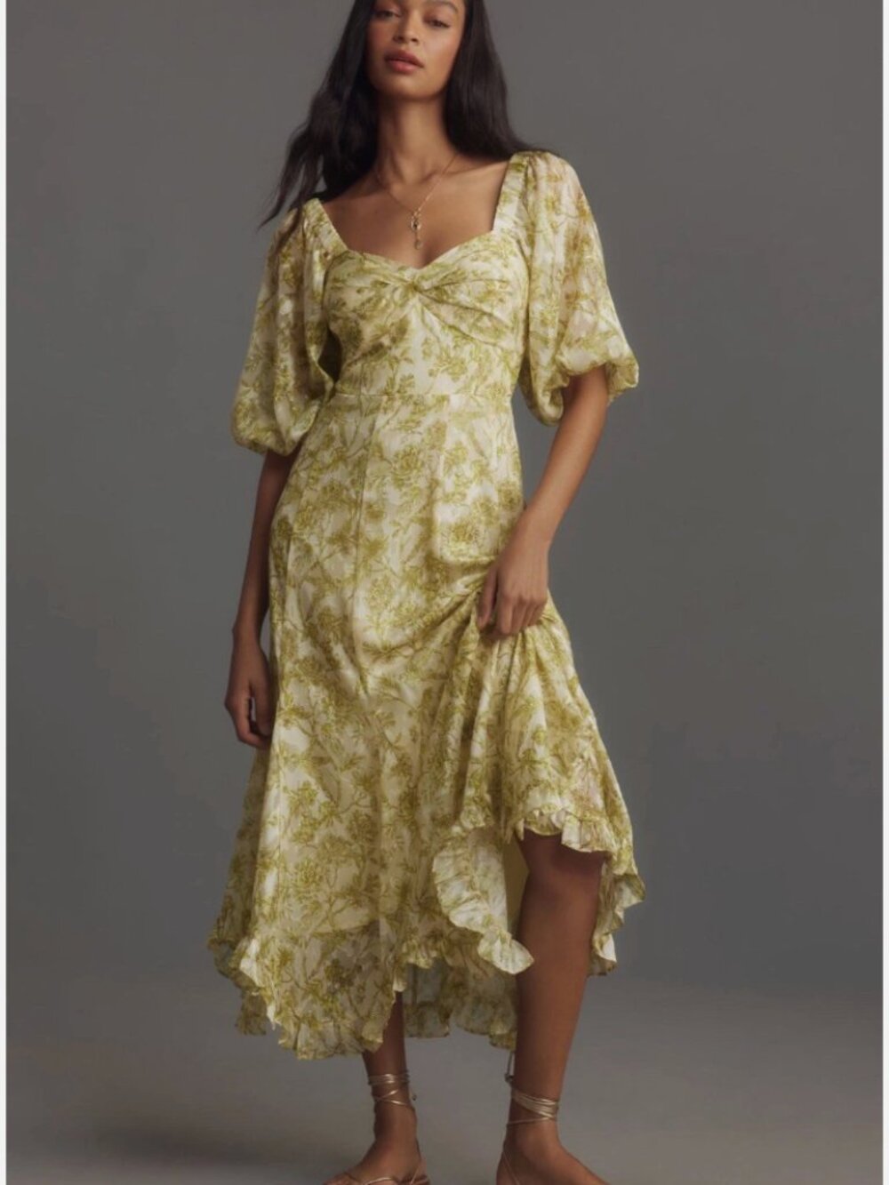 Hutch x Anthropologie Printed Puff Sleeve Ruffle Maxi Dress in Green Small